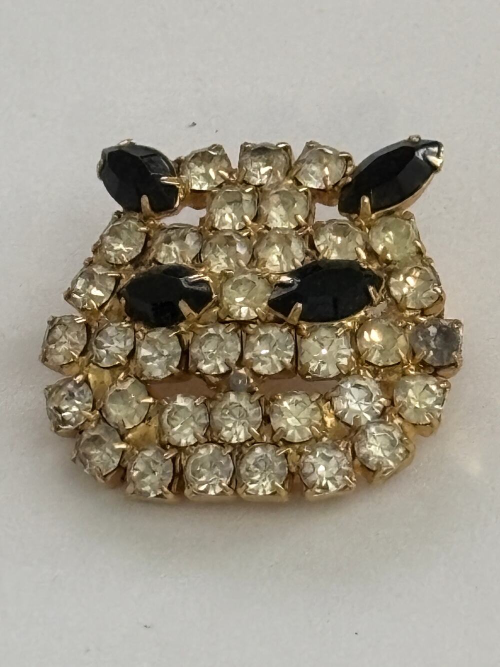 Vintage Signed Siluane Brooch Cat Face Rhinestones Gold Tone